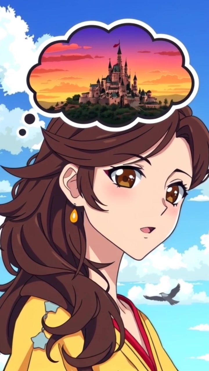 Scene: A whimsical fantasy landscape with a distant kingdom visible on a hilltop, accompanied by a shimmering thought bubble above. Lighting: Soft, ethereal glow enhancing the magical atmosphere while clouds drift lazily across a pastel sky. Motion: Camera slowly zooms in on the thought bubble as it expands, revealing intricate details of the kingdom, while the background gently blurs, emphasizing the enchanting vision.