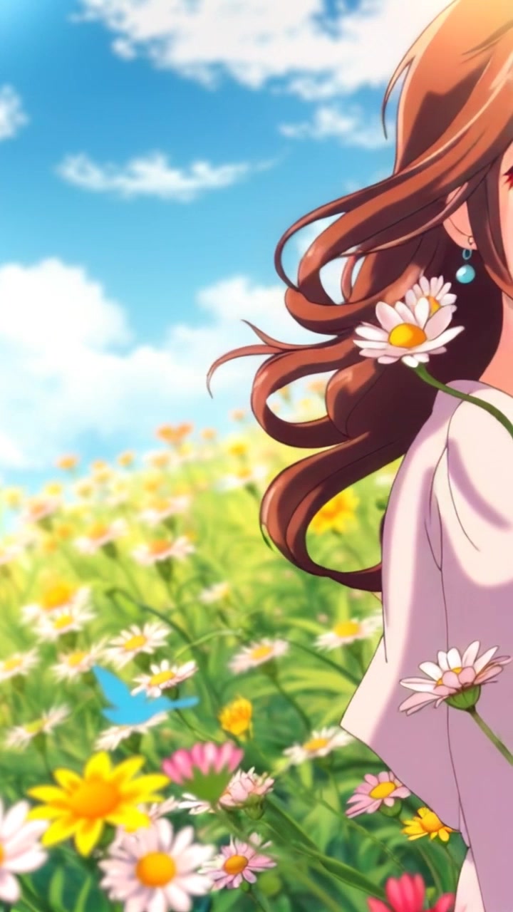 Scene: A bright flower field bathed in sunlight, vibrant blooms swaying gently in the breeze. Style: Warm, natural lighting enhances the colorful petals, creating an inviting atmosphere. Motion: Camera smoothly glides over the field, capturing the flowers in rhythmic motion, while a soft focus highlights the beauty of the scene.