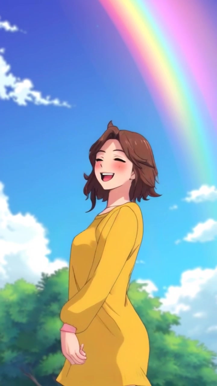 Subject: A person with a joyful smile standing outside. Subject movement: Anna twirls playfully, her laughter echoing in the open air as a vibrant rainbow arcs above her. Scene: An outdoor setting with lush greenery and a bright blue sky, the rainbow adding a magical touch to the atmosphere. Style: Soft, warm daylight enhances the cheerful mood. Motion: The camera performs a smooth, sweeping movement around Anna, capturing her delight and the stunning backdrop.