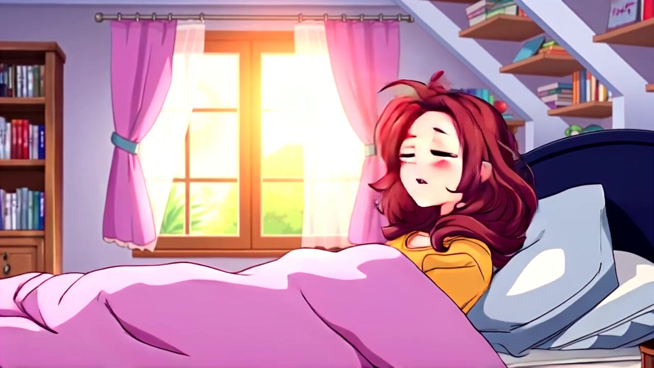 Scene: A cozy bedroom bathed in warm morning light as sunlight streams through the window, illuminating the bedding and soft decor. Motion: Camera gently pushes in from a corner, focusing on the peaceful ambiance, as the clock shows 7:30 a.m., capturing the serene start of the day.