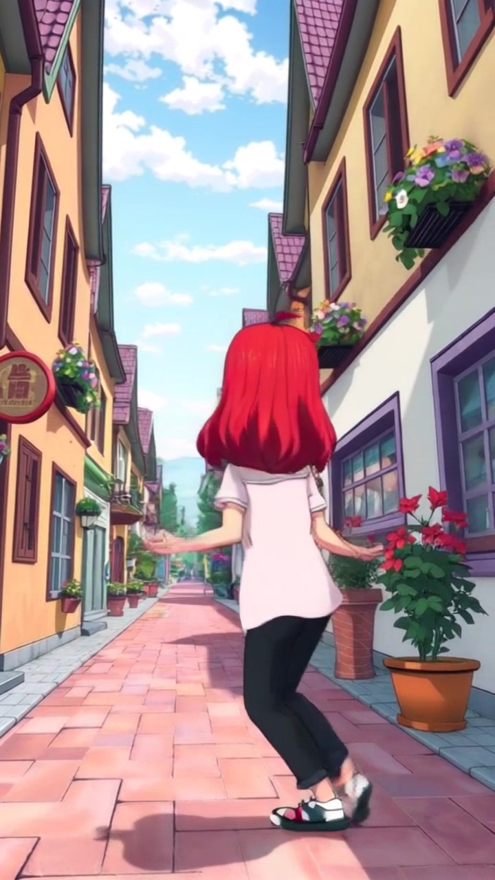 Subject: A girl walking happily down a small town street. Subject movement: She skips playfully along the sidewalk, weaving in and out of the vibrant flowers adorning the charming houses. Scene: A picturesque small town street lined with quaint homes and colorful flowerbeds. Lighting: Soft, warm morning light illuminating the scene, enhancing the overall cheerfulness. Motion: The camera follows her with a graceful tracking shot, capturing the charm of the surroundings as she interacts with the lively atmosphere.