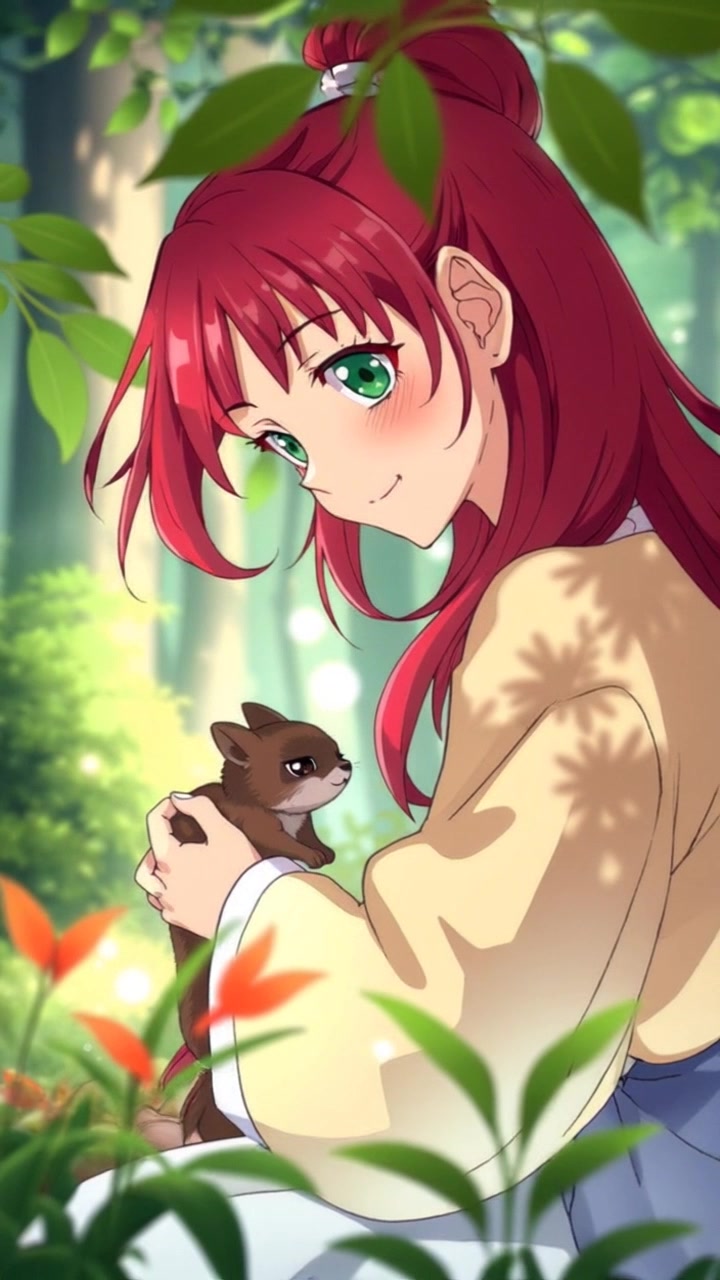 Subject: A kind-hearted person gently tending to a small animal in the forest. Subject movement: The person kneels down, cradling the animal with a soft touch, demonstrating a nurturing gesture. Scene: A serene forest setting with sunlight filtering through the trees, casting dappled light on the forest floor. Motion: The camera smoothly zooms in on the interaction between the person and the animal, capturing a close-up of the tender moment amidst the lush greenery. Lighting: Warm, dappled sunlight highlighting the lush foliage and the gentle expressions. Atmosphere: Inviting and tranquil, evoking a sense of harmony with nature.