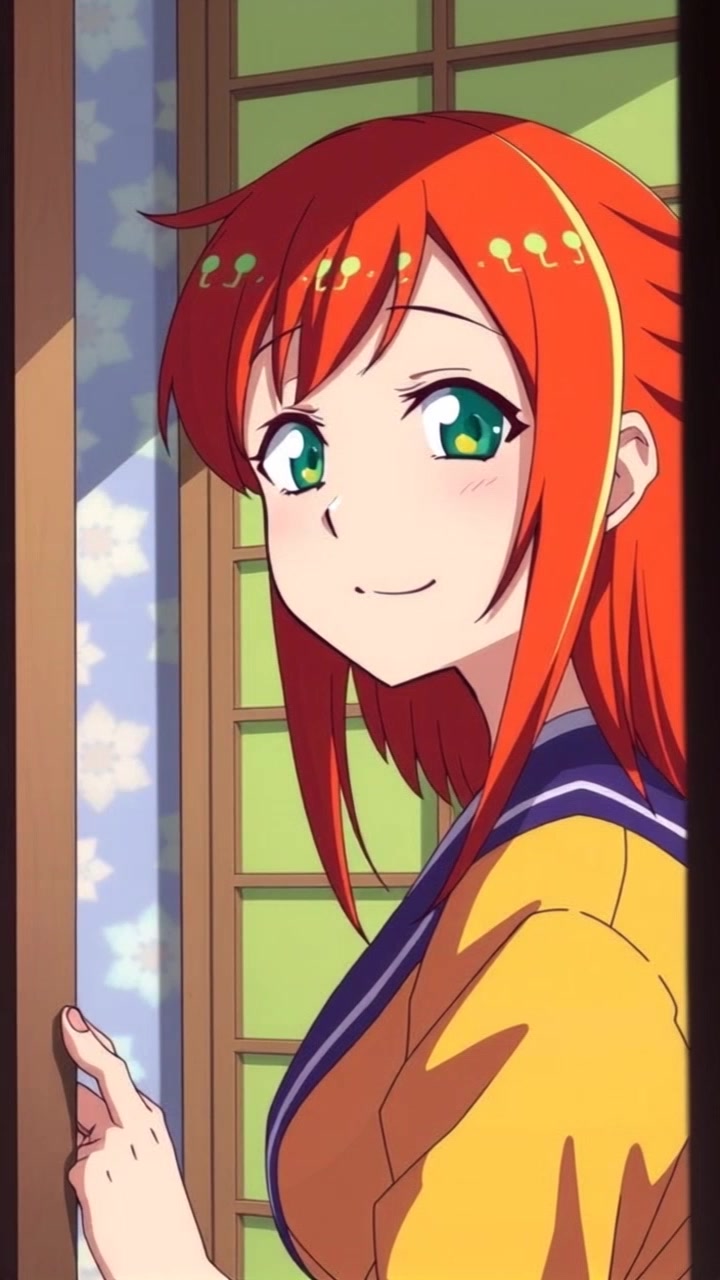 Subject: A person gently smiling as they look out a window. Scene: A cozy room filled with natural light, soft curtains framing the window, with plants visible on the windowsill. Lighting: Morning light streaming in, creating a warm and inviting atmosphere. Motion: The camera slowly pushes in toward the subject, capturing the serene moment as the person gazes dreamily outside.