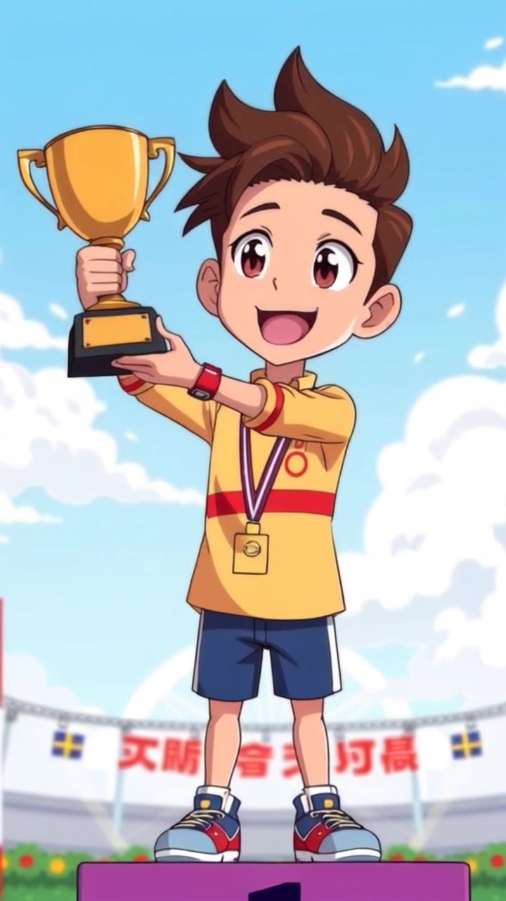 Subject: Leo standing proudly on the podium, holding a trophy and smiling. Subject movement: Leo raises the trophy higher in celebration, his smile widening. Scene: A vibrant award ceremony filled with cheering crowds, colorful banners hanging in the background. Style: Bright, celebratory lighting illuminating the scene, creating a lively atmosphere. Motion: The camera pushes in slowly, capturing Leo's expression and the excitement of the event as confetti begins to fall around him.