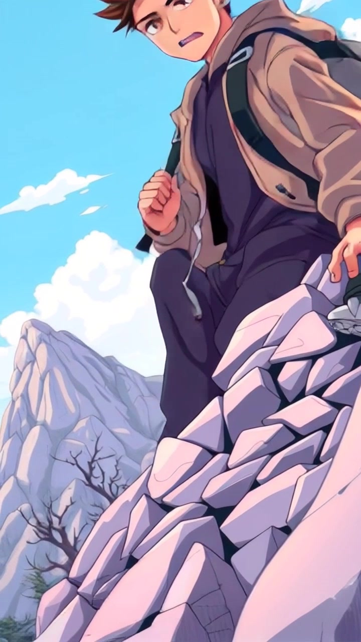 Subject: A determined individual carefully climbing a steep and rocky trail. Subject movement: The climber makes steady progress upward, putting effort into each deliberate step. Scene: A rugged and natural landscape featuring a steep trail with jagged rocks and sparse vegetation, surrounded by a vast wilderness. Lighting: Soft, diffused morning light filtering through the trees, creating a serene atmosphere. Motion: The camera follows closely behind, smoothly tracking the climber's ascent while gradually revealing the stunning vista ahead.