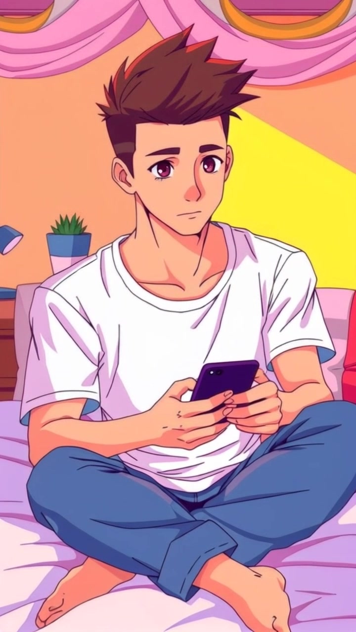 Subject: A teenage boy sitting on his bed, deeply focused on his smartphone. Subject movement: He shifts slightly, adjusting his position for comfort while maintaining his gaze on the screen. Scene: Cozy bedroom, with posters on the walls and soft lighting. Style: Warm evening light filtering through the curtains, creating an inviting atmosphere. Motion: The camera slowly pushes in toward the boy, capturing his contemplative expression and the ambient details of the room.