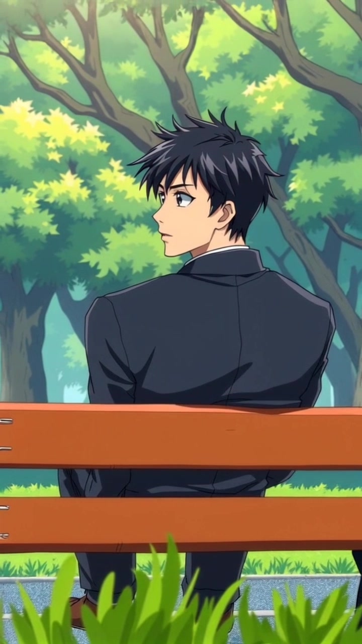 Scene: Iruka sitting alone on a wooden bench in a serene park, surrounded by lush trees swaying gently in the breeze. Style: Soft, natural lighting filtering through the leaves, creating dappled patterns on the ground. Motion: The camera performs a slow push-in toward Iruka, capturing his contemplative expression as the background gradually softens, highlighting his solitude in the tranquil setting.