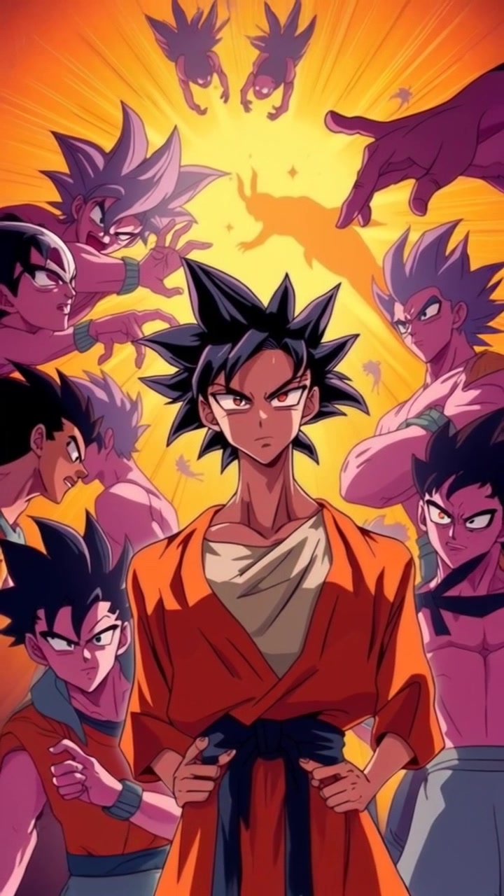Scene: A tense confrontation between Goku and numerous shadowy figures resembling Aizen, creating an atmosphere of confusion and tension. Style: Dark and moody lighting enhances the mystery of the figures and their threatening presence. Motion: The camera performs a dramatic panning shot, weaving through the shadowy figures, capturing Goku's determined stance as he scans his surroundings for threats.