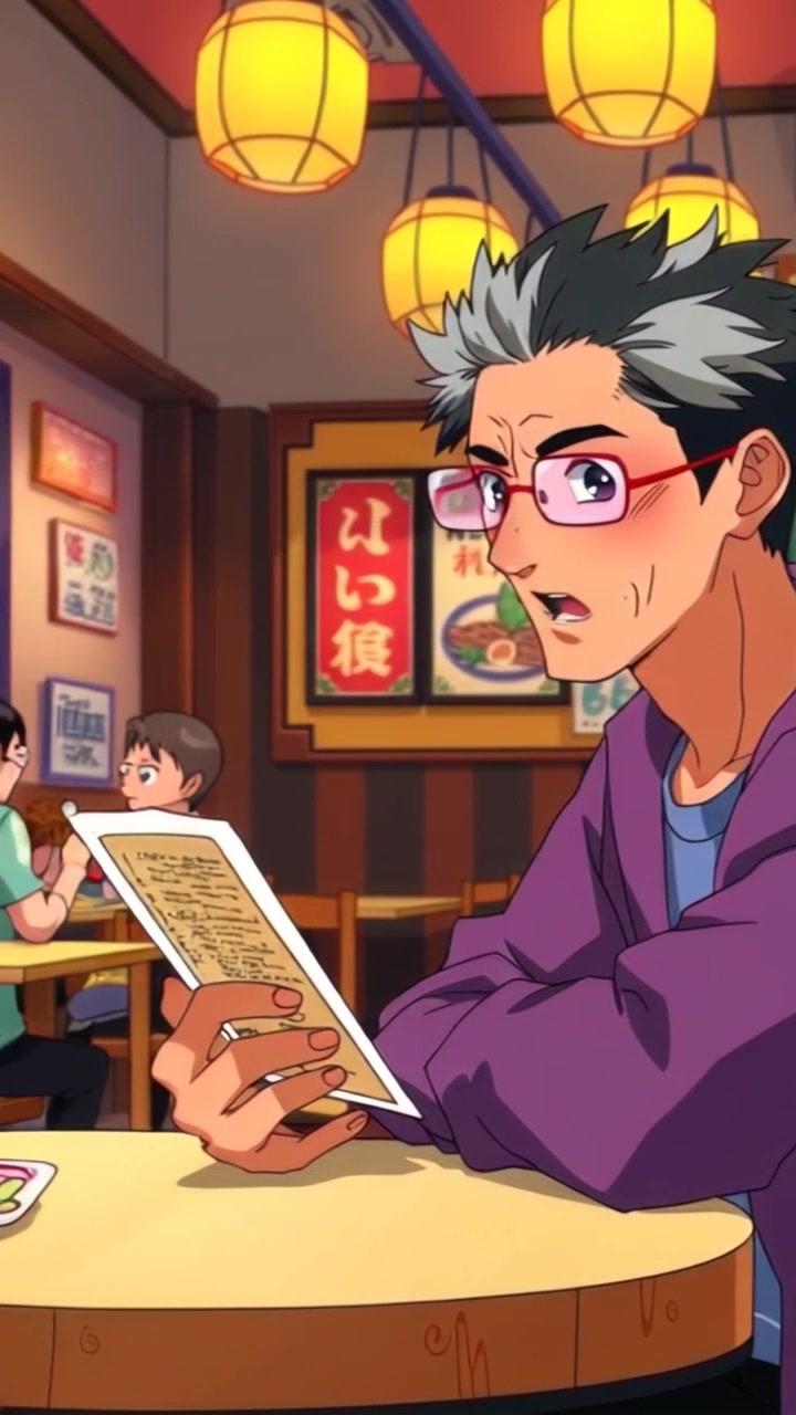 Subject: A man seated at a table, studying the menu intently. Subject movement: He shifts slightly in his seat, glancing up occasionally to observe the bustling restaurant around him. Scene: Cozy restaurant interior with warm lighting and vibrant décor, tables occupied by diners enjoying their meals. Motion: A handheld camera tracking shot moves in slowly from the entrance, capturing the atmosphere and drawing closer to the man at the table, emphasizing both his focused expression and the lively surroundings.