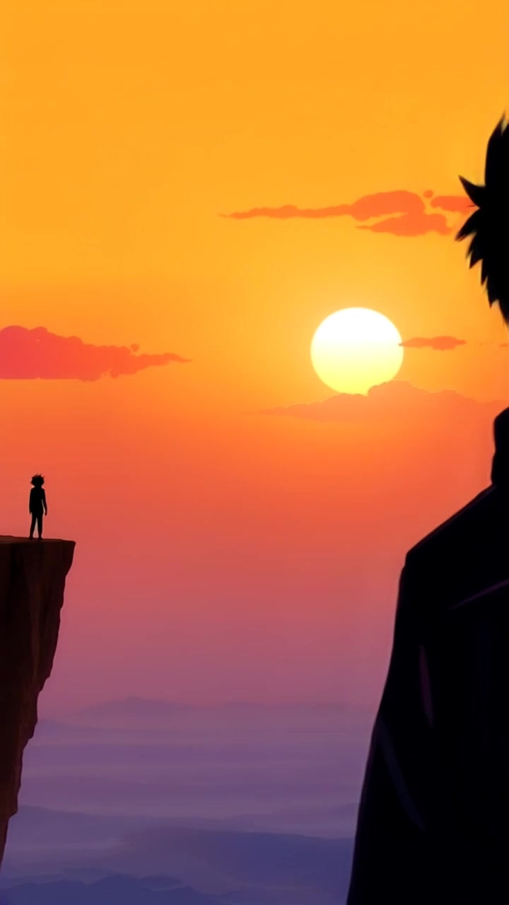Scene: A distant view of a lone figure silhouetted against a vibrant sunrise, Zoro stands on a cliff, the horizon painted in warm hues of orange and gold. Lighting: The early morning light glows softly, casting an ethereal feel over the landscape. Motion: The camera begins with a wide shot, slowly pushing in closer to capture the details of the figure, while the warm sunlight bathes the scene, enhancing a sense of adventure and anticipation.