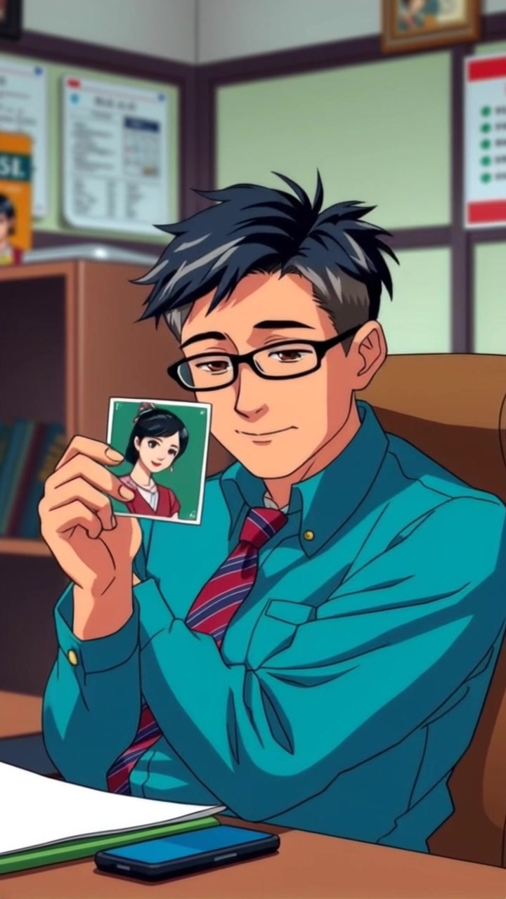 Subject: A man seated at his office desk, holding a photo of his wife contemplatively. Subject movement: He gently lifts the photo closer, giving it a tender gaze, as if lost in memories. Scene: An intimate office environment filled with personal touches, with warm wooden tones and soft office decor. Style: Soft, ambient lighting creates a cozy atmosphere, inviting reflection. Motion: The camera slowly pushes in on the subject, capturing the nuanced emotions on his face, while subtly revealing more of the office setting around him.