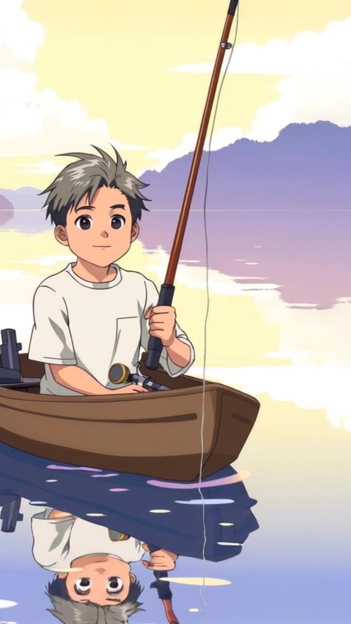 Subject: A person sitting in a small fishing boat. Subject movement: The person gently casts the fishing line into the serene, calm lake. Scene: A tranquil lake surrounded by lush greenery and distant mountains, reflecting the clear sky. Lighting: Soft morning light creating a peaceful atmosphere. Motion: Camera slowly glides around the boat, capturing the ripples in the water and the reflective surfaces with a smooth, steady movement.