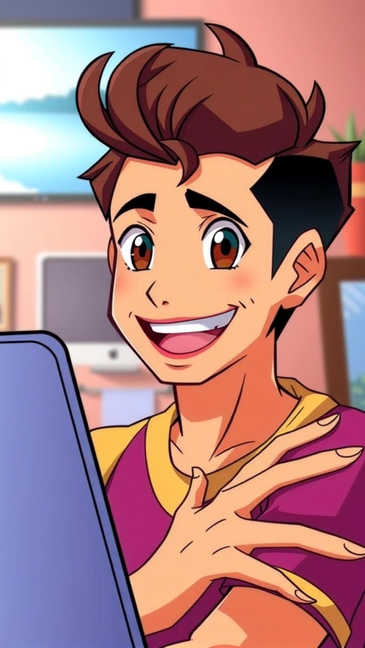 Subject: You smiling at the screen, radiating satisfaction. Subject movement: Leaning back in your chair, your expression transforms from concentration to joy as you bask in the moment of achievement. Scene: Cozy workspace with warm ambient lighting, cluttered with notes and coffee cups in the background. Motion: The camera begins with a close-up of the laptop screen, then slowly pulls back to reveal your triumphant smile, capturing the inviting atmosphere of creative success.