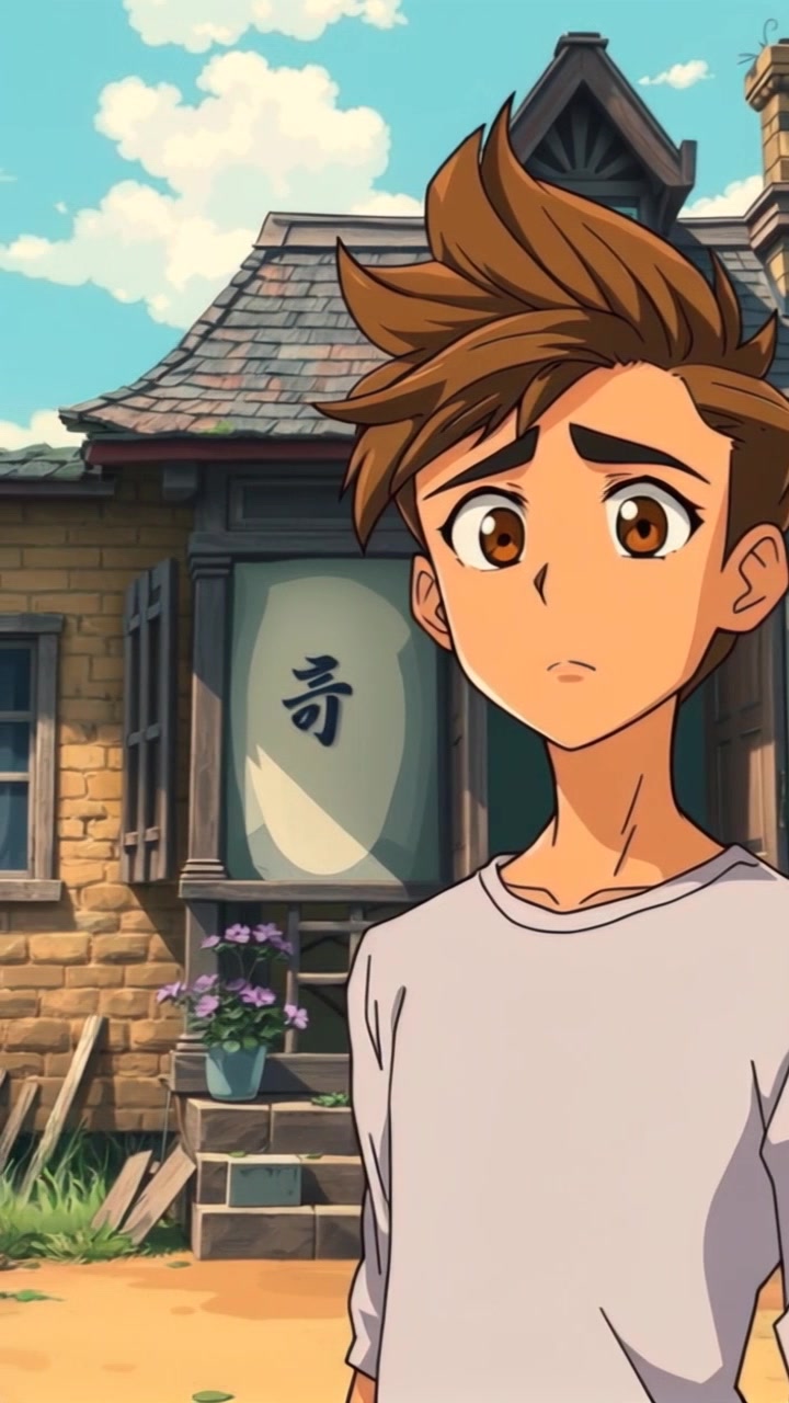 Subject: A young man standing outside an old, decrepit house. Subject movement: He shifts slightly from side to side, his expression reflecting hesitation and confusion. Scene: A weathered and crumbling house surrounded by overgrown weeds and broken fences. Style: Soft, diffused lighting creating a somber mood as twilight approaches, casting long shadows. Motion: The camera slowly pushes in towards the young man, emphasizing his uncertain demeanor and the eerie atmosphere surrounding the house.