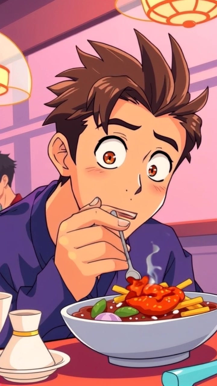 Subject: A person takes a large bite of spicy food. Subject movement: The individual is sitting at a dining table, eyes wide in surprise as they react to the heat. Scene: Cozy dining setting with warm wood accents and plates of colorful food spread across the table. Style: Soft, ambient lighting creates an inviting atmosphere, accentuating the vibrant colors of the meal. Motion: The camera gently zooms in on the person's expression, capturing the moment of surprise in close-up, then pans out to reveal the bustling dining environment around them.