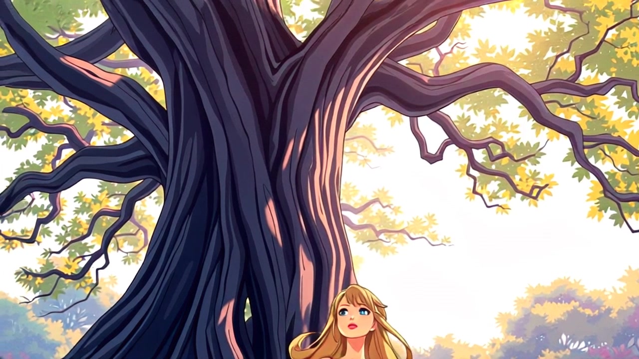 Subject: Barbie standing under the Oldest Tree. Subject movement: Barbie gazes upwards, her expression one of awe and wonder at the ancient branches stretching above her. Scene: A lush forest with the massive, gnarled branches of the Oldest Tree providing a majestic canopy. Style: Soft, dappled sunlight filtering through the leaves, creating a serene and enchanting atmosphere. Motion: The camera slowly pans upward from Barbie to reveal the full grandeur of the tree, capturing the intricate details of the bark and the delicate interplay of light and shadow.
