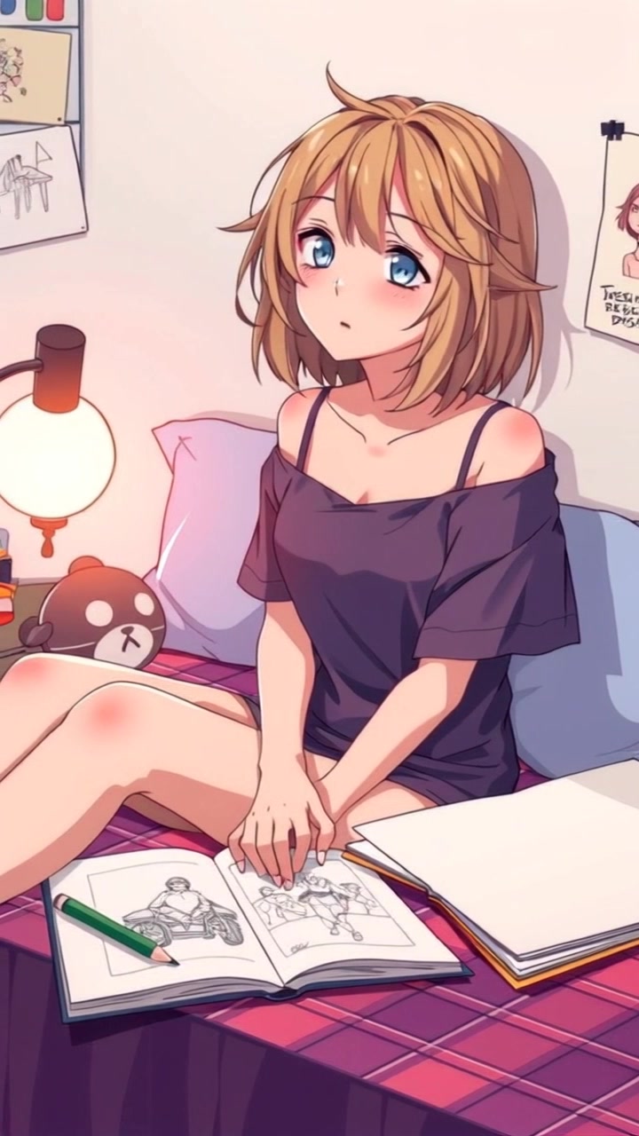 Subject: A daughter sitting on her bed, looking contemplative. Subject movement: She gently flips through a design book, her fingers tracing the pages softly. Scene: A cozy bedroom filled with scattered sketches and design books. Style: Warm, ambient lighting creates an inviting atmosphere, emphasizing the personal nature of the space. Motion: Camera slowly pushes in to capture her thoughtful expression and the creativity surrounding her, with a subtle tilt to highlight the artistic chaos of the room.