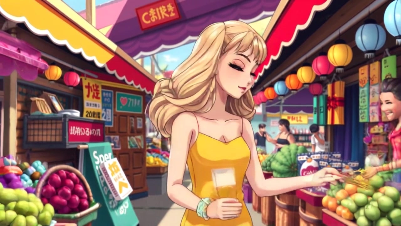 Subject: A cheerful Barbie walking through a vibrant village market. Subject movement: She strolls animatedly, pausing to inspect colorful stalls filled with various goods and interacting with cheerful vendors. Scene: A lively village market bustling with energy, surrounded by colorful decorations and aromatic food stalls. Lighting: Bright, natural daylight illuminating the scene, creating a warm and inviting atmosphere. Motion: The camera tracks alongside Barbie as she walks, panning smoothly to capture her interactions with the vendors and the lively market around her.