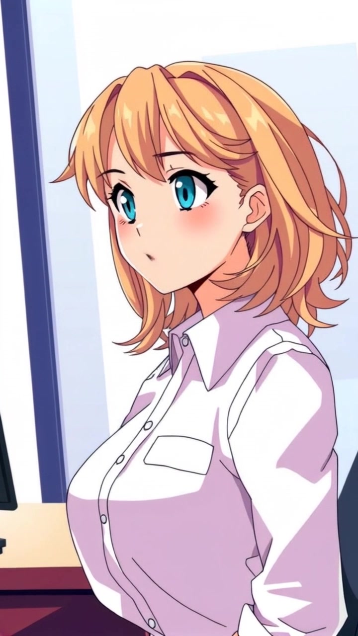 Subject: A confident individual gazing out of a large office window. Subject movement: They shift slightly, adjusting their posture with poise. Scene: A sleek office setting with modern decor and ambient light filtering through the window. Motion: The camera slowly pushes in for an intimate close-up, capturing the individual’s expression and the distant cityscape beyond the glass.