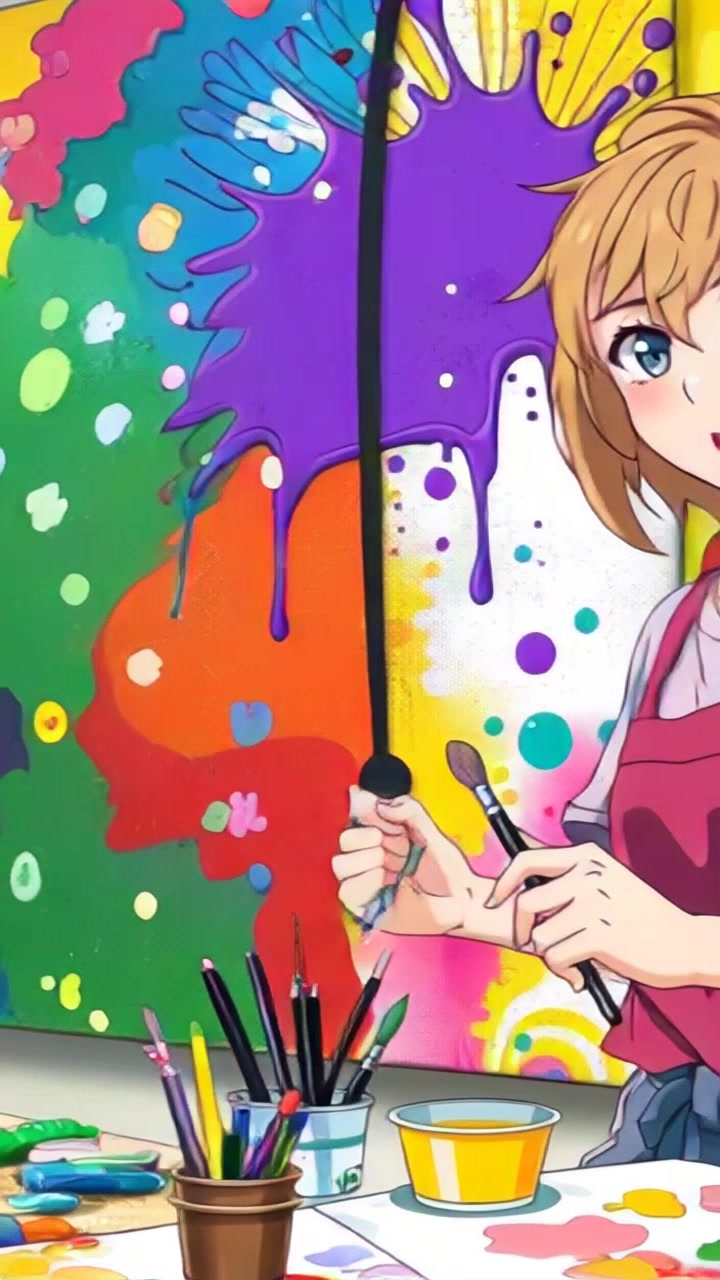 Subject: Luna, an artist, passionately painting a colorful mural on a large canvas, surrounded by an array of paintbrushes and pots of paint. Subject movement: She moves energetically, sweeping her brush across the canvas with broad strokes. Scene: An art studio filled with vibrant colors, creative chaos, and natural light streaming in through large windows. Camera: A dynamic, handheld tracking shot circling around her, capturing her focused expression and the evolving mural as she works. Lighting: Bright, natural light illuminating the scene, creating a cheerful atmosphere.
