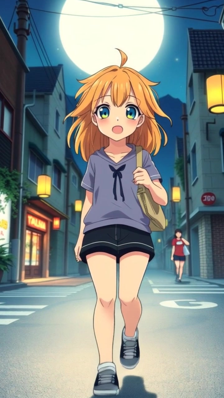 Subject: A woman with purpose walking briskly down a moonlit street. Scene: An empty, quiet street illuminated by soft moonlight, casting long shadows from the surrounding buildings and trees. Lighting: Soft, cool light of the moon creates a serene atmosphere. Motion: The camera follows smoothly from behind, capturing the steady pace of her footsteps while the street stretches out in front of her.