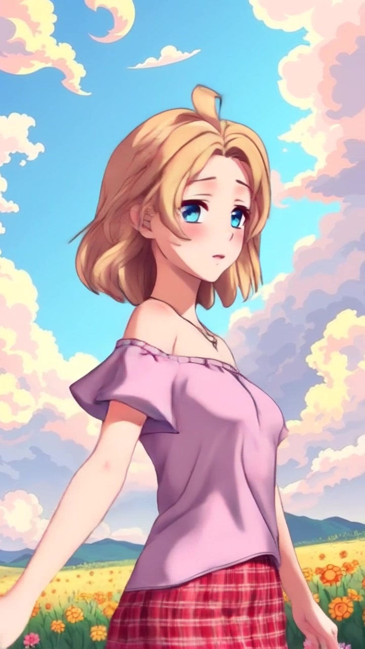 Subject: Emilia standing gracefully in a dreamlike landscape filled with soft clouds and a whimsical sky. Subject movement: She twirls playfully, allowing her dress to flow elegantly around her. Scene: A surreal environment with pastel-colored clouds and a vibrant sky that evokes a sense of wonder. Style: Soft, diffused lighting that enhances the ethereal quality of the atmosphere. Motion: The camera gently spins around Emilia, capturing her joyful movements while revealing the enchanting landscape surrounding her.