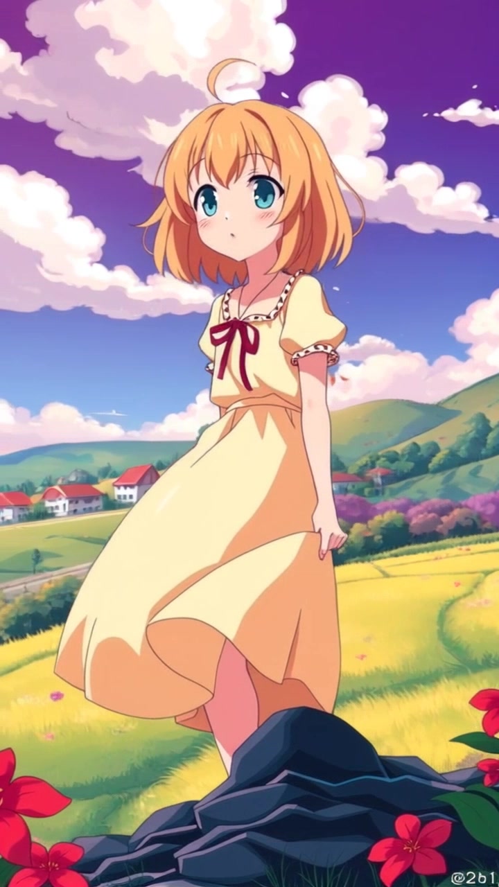 Subject: A determined figure standing on a small hill. Subject movement: The figure stands still, gazing at the village below, with her dress fluttering gently in the breeze. Scene: A picturesque view from a hill overlooking a serene village, trees dotting the landscape. Style: Soft, ambient morning light enhancing the colors of nature. Motion: The camera gently pivots around the figure, capturing her focused expression and the vast village scenery beyond.