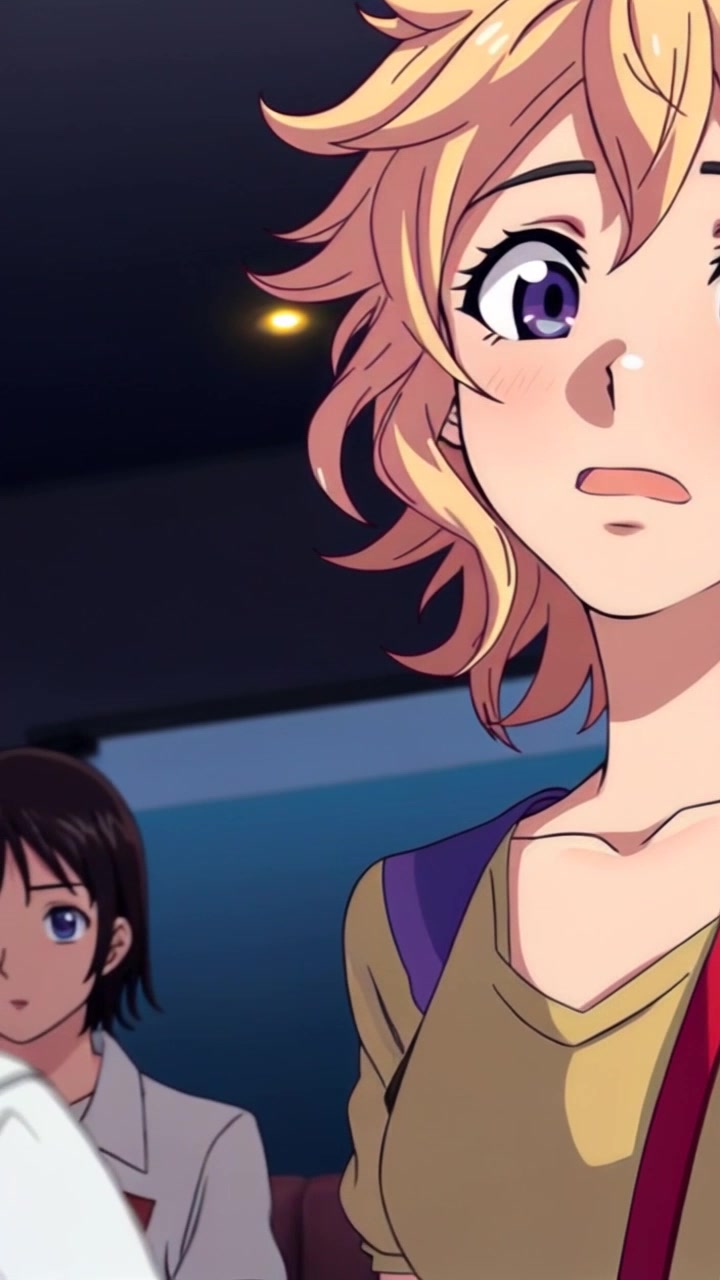 Subject: A young woman with a mix of shock and thrill on her face as she listens intently. Scene: An intimate café setting, filled with soft ambient sounds and warm lighting, creating an inviting atmosphere. Motion: The camera slowly pushes in on her face, capturing her emotions in detail, with a gentle focus shift to the background, where patrons are engaged in quiet conversation.