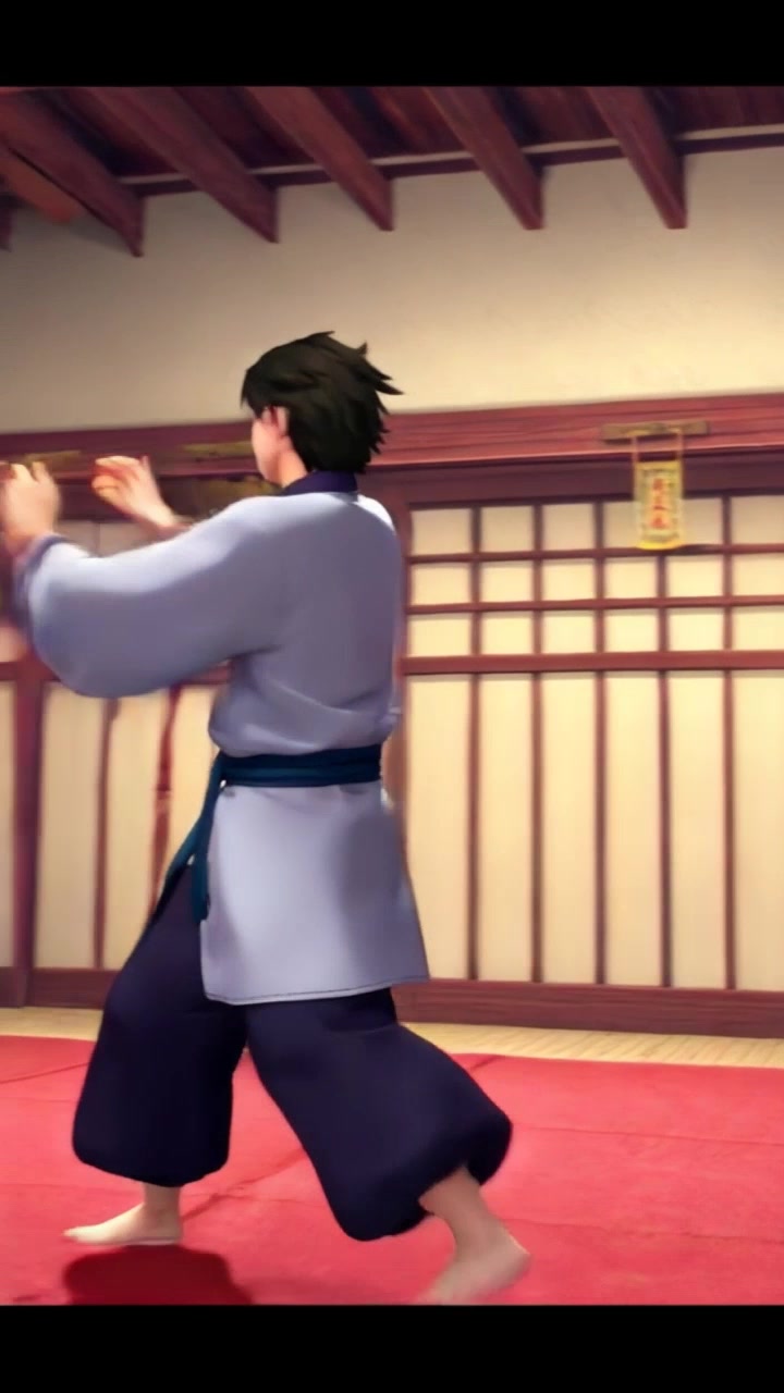 Subject: A seasoned warrior performing a complex training drill. Subject movement: The warrior executes precise strikes and fluid movements in a display of skill and discipline. Scene: Inside a traditional dojo filled with wooden beams and mats, emphasizing the serene and focused environment of martial arts training. Style: Soft ambient lighting highlighting the textures of the dojo and the warrior's focused expression. Motion: The camera employs a dynamic tracking shot, following the warrior's movements as they navigate the training space, capturing the rhythm and intensity of the drill.