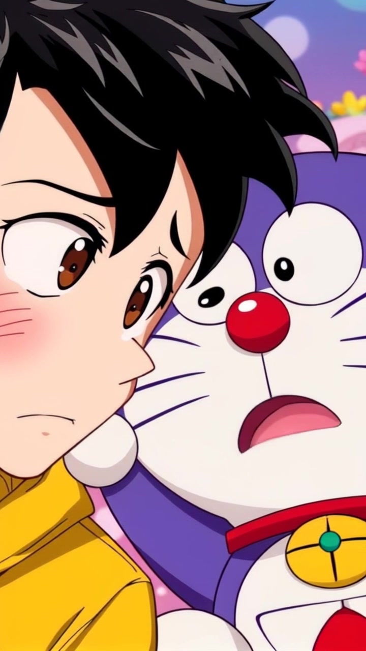 Subject: A worried Shinchan accompanied by a concerned Doraemon. Subject movement: Shinchan fidgets nervously, glancing side to side, while Doraemon leans in closer, displaying empathy. Scene: A bright, colorful room filled with playful decorations, showcasing a lively atmosphere. Style: Natural lighting with playful, vibrant colors that enhance the characters' emotions. Motion: The camera sways slightly as it zooms in on their expressions, emphasizing the worry and concern shared between them.