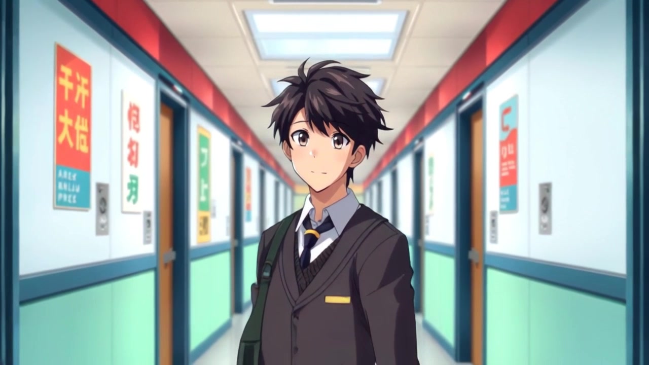 Subject: A confident student in a school hallway, wearing a crisp school uniform. Subject movement: The student stands tall, with a slight forward motion as if about to walk confidently down the hall. Scene: Brightly lit school hallway filled with lockers and classroom doors. Style: Morning light streaming through windows, creating a vibrant and inviting atmosphere. Motion: Camera begins with a close-up shot of the student's face, then slowly pulls back to reveal the full length of the uniform, capturing the sense of confidence and anticipation.