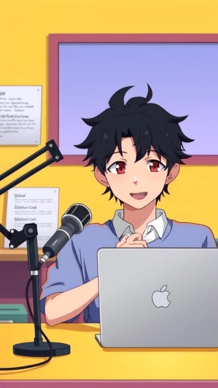 Scene: A narrator sitting at a desk, surrounded by microphone equipment and a laptop, deeply engaged in recording a podcast. Style: Ambient lighting creates a cozy and inviting atmosphere within a well-organized office space. Motion: Camera gently pushes in from an over-the-shoulder angle, capturing the narrator's focused expression as he gestures while speaking.