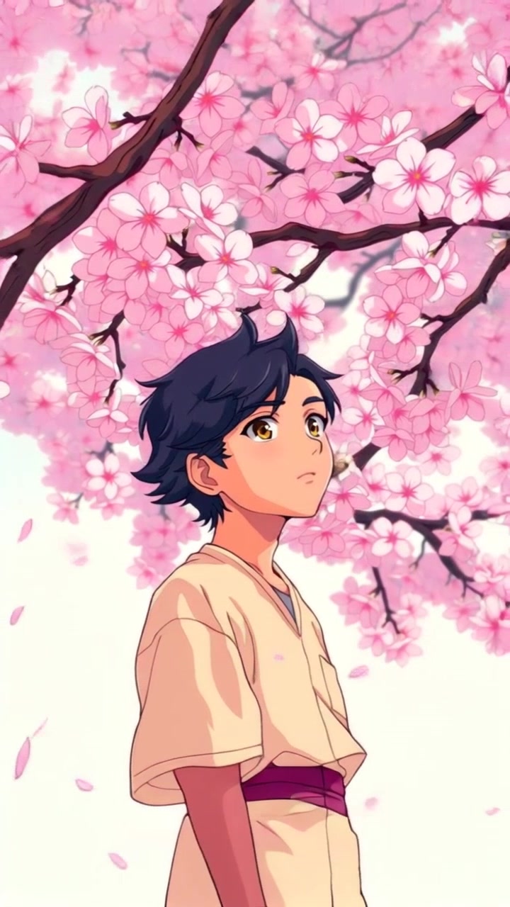Subject: A boy standing beneath a large cherry blossom tree. Subject movement: The boy sways gently, slightly bending down to catch falling pink petals. Scene: Surrounded by a carpet of delicate pink petals, the vibrant cherry blossoms frame the scene against a clear blue sky. Style: Soft, inviting morning light enhances the blossom's colors, creating a serene atmosphere. Motion: The camera performs a slow, sweeping circular movement around the boy, capturing the whimsical flutter of petals in the air.