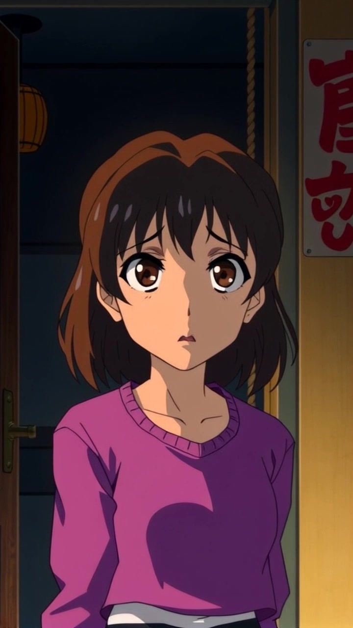 Subject: A girl standing in a dimly lit room, her face reflecting fear as shadows loom around her. Scene: The eerie atmosphere of the room intensifies as shifting shadows dance along the walls, creating a sense of unease. Motion: The camera slowly zooms in on her terrified expression, enhancing the tension, with ambient lighting that emphasizes the chilling mood.