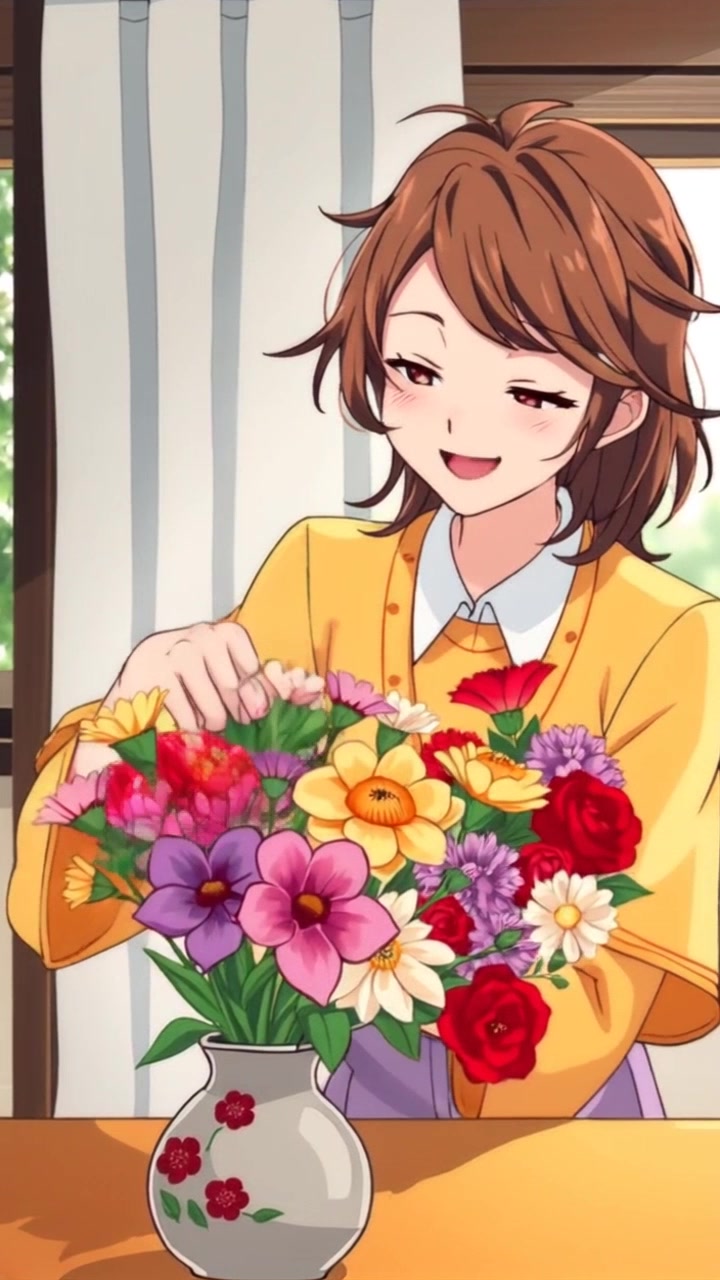 Subject: A person arranging colorful flowers in a vase on a table, smiling joyfully. Subject movement: The individual gracefully picks flowers from a nearby table and delicately places them in the vase, adjusting their position with a satisfied expression. Scene: A bright and inviting room filled with natural light, surrounded by green plants and decorative elements. Style: Warm, cheerful morning light illuminating the space, creating a welcoming atmosphere. Motion: The camera performs a subtle push-in to capture the joyful arrangement process, focusing on the person's hands as they work, with a gentle tilt upwards to showcase their smiling face.