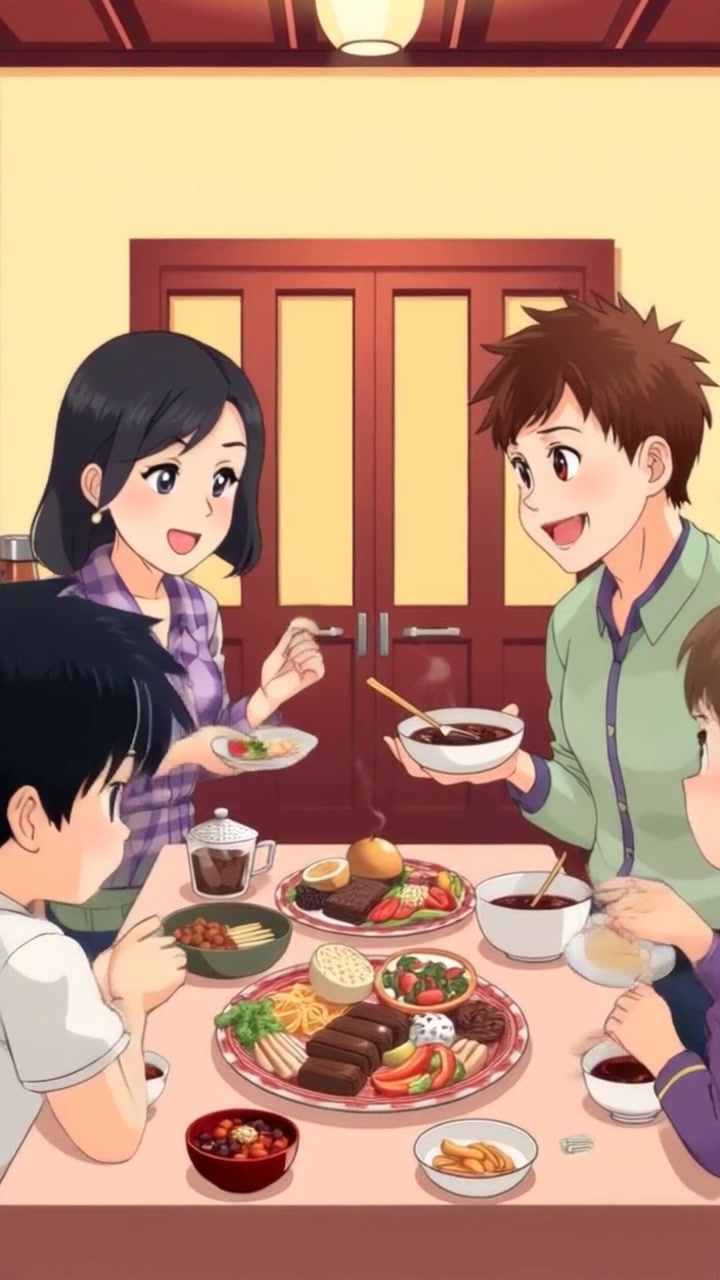 Scene: A warm family gathering around a dining table, sharing a delicious meal with laughter and smiles. Style: Soft, ambient lighting creates a cozy and inviting atmosphere, with warm colors accentuating the food and family connections. Motion: The camera slowly pans around the table, capturing moments of interaction and joy, as plates are filled and stories are shared, emphasizing the love and togetherness.