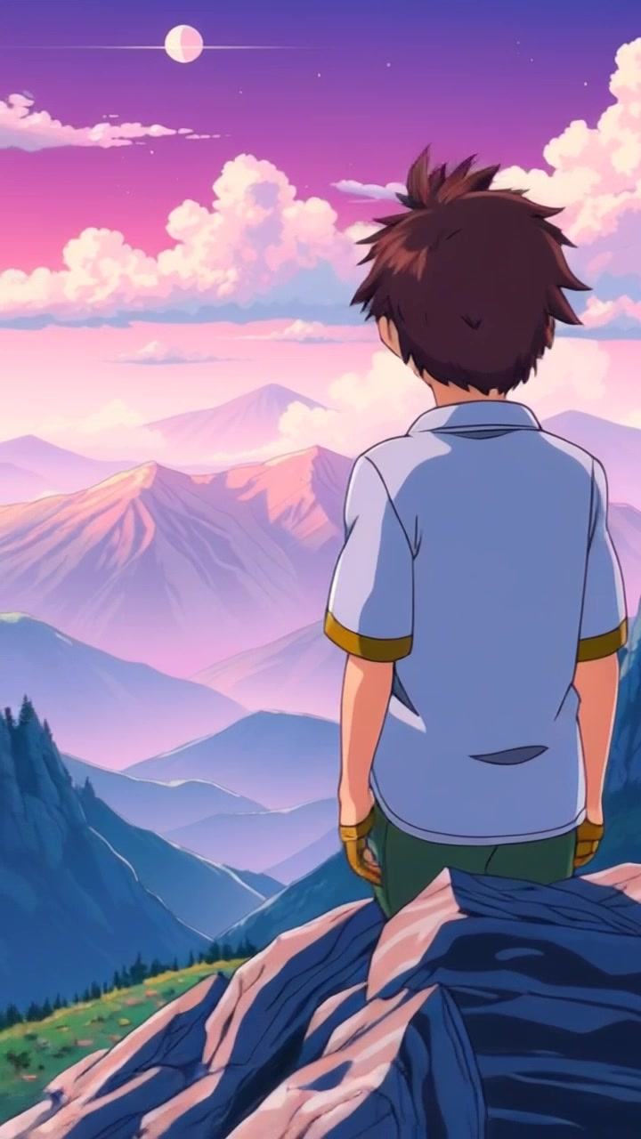 Subject: A boy standing on a mountain peak, looking out over a vast wilderness. Subject movement: The boy turns slightly to the left, as if taking in the breathtaking view. Scene: High atop a rugged mountain, surrounded by expansive valleys and distant forests. Style: Morning light spilling over the horizon, casting soft shadows across the landscape. Motion: Camera begins with a close-up on the boy's back, then slowly pulls back, revealing the grandeur of the wilderness beneath him.