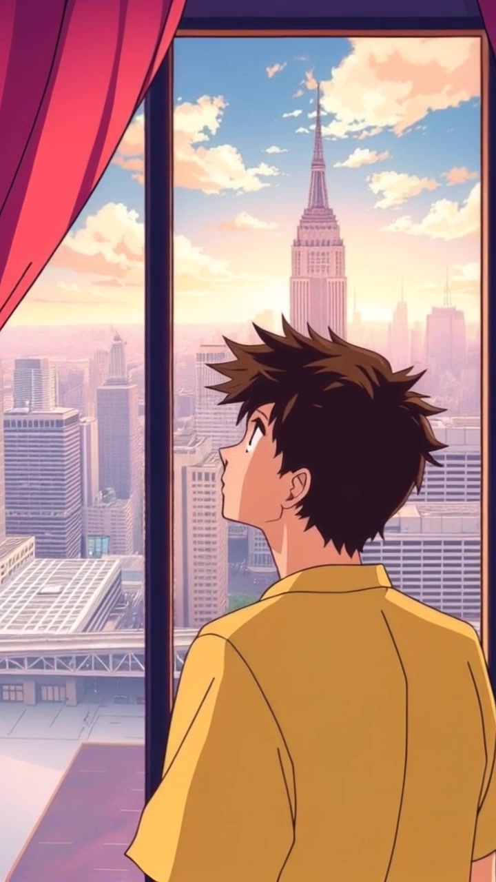 Subject: A person gazing intently out of a large window. Scene: Inside a modern high-rise building overlooking a bustling city, filled with towering skyscrapers and busy streets below. Style: Soft ambient lighting streaming through the window, casting gentle shadows on the interior. Motion: The camera slowly pushes in, focusing on the individual's contemplative expression while the vibrant city life unfolds in the background.