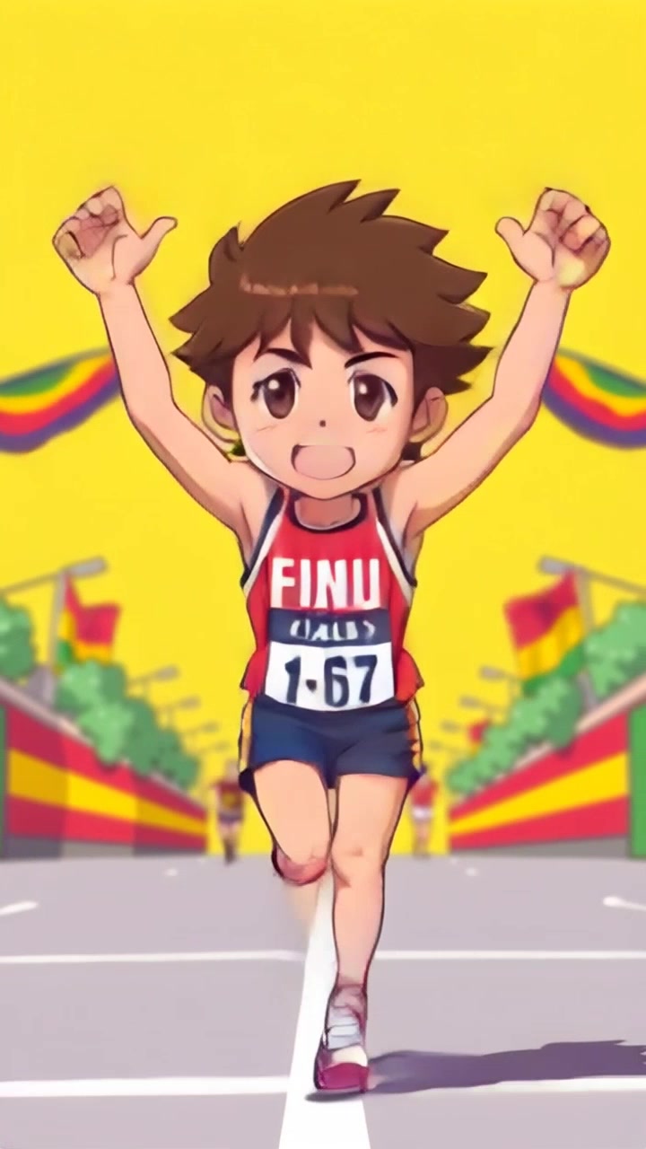 Subject: A marathon runner crossing the finish line, arms raised in victory, beaming with triumph. Subject movement: The runner sprints forward, muscles taut with exertion as they propel themselves towards victory. Scene: Brightly lit marathon finish line at an energetic event, with spectators cheering in the background. Style: Morning light bathing the scene in a warm glow, highlighting the runner's intense expression and the vibrant colors of the race. Motion: The camera tracks the runner from a low angle, following their powerful strides as they approach the finish line, capturing the momentum and excitement of the moment.
