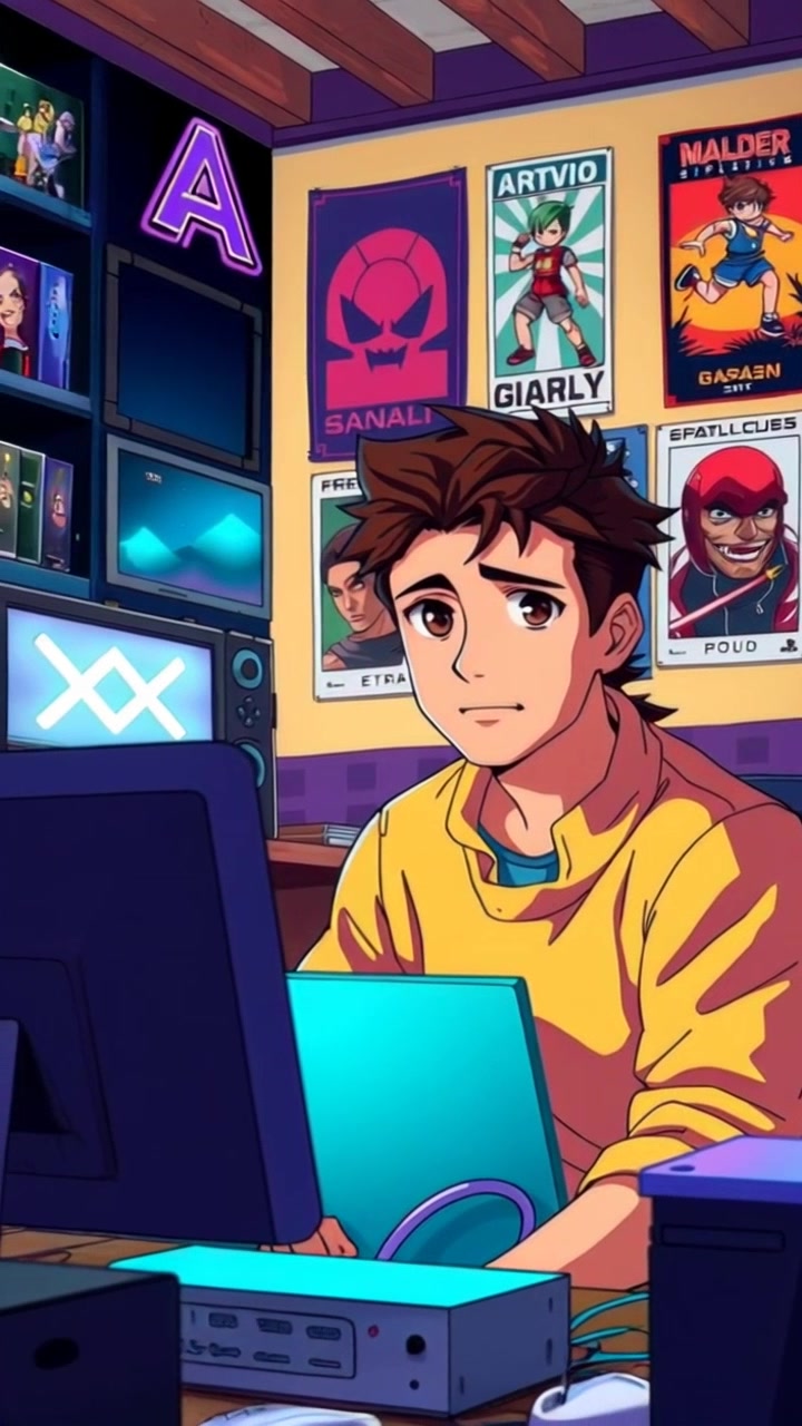 Subject: A focused gamer sitting in a cluttered room filled with gaming consoles and posters. Subject movement: The gamer leans slightly forward, eyes intently locked on the screen as his fingers dance across the controller. Scene: Cozy gaming room with vibrant posters and a chaotic setup of consoles and games. Style: Soft ambient lighting with a warm glow emanating from the screen, creating an inviting atmosphere. Motion: Camera performs a slow push-in towards the gamer, capturing the immersion while revealing the lively details of his gaming environment.