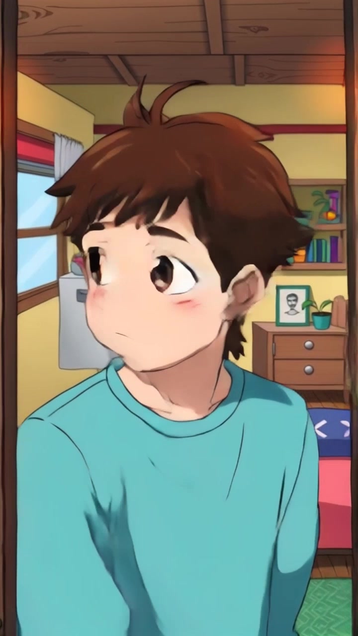 Subject: A small boy enters a cozy bedroom, looking around curiously. Subject movement: The boy takes tentative steps, glancing at the warmly decorated walls and scattered toys. Scene: A snug bedroom filled with soft lighting, pastel colors, and playful decor. Motion: The camera follows the boy with a smooth, handheld tracking shot, capturing his wonder as he explores the inviting space.