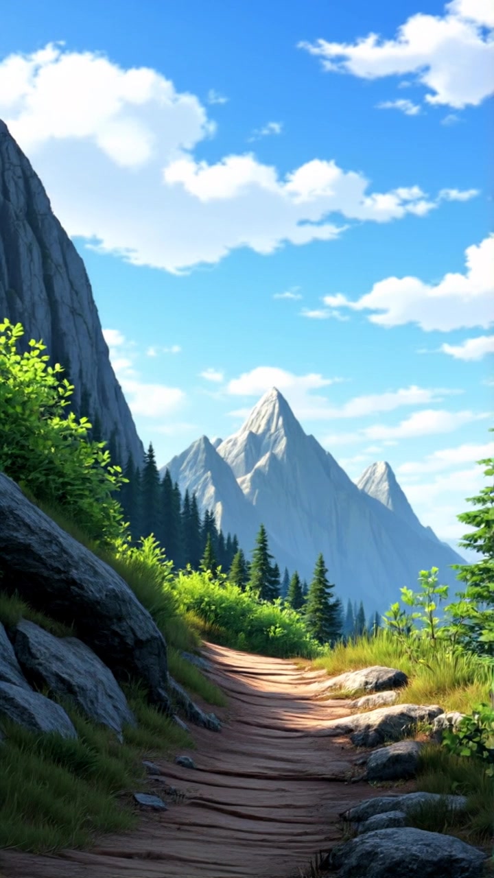 Subject: A determined man hiking alone on a mountain trail. Subject movement: The man strides purposefully along the rugged terrain, with each step highlighting his focus and resolve. Scene: Rocky mountain trail surrounded by lush greenery and towering peaks in the background. Lighting: Bright afternoon sunlight filtering through scattered clouds creates contrasting shadows on the path. Motion: The camera tracks the hiker from the side as he tackles the incline, weaving through flora that sways slightly in the breeze.