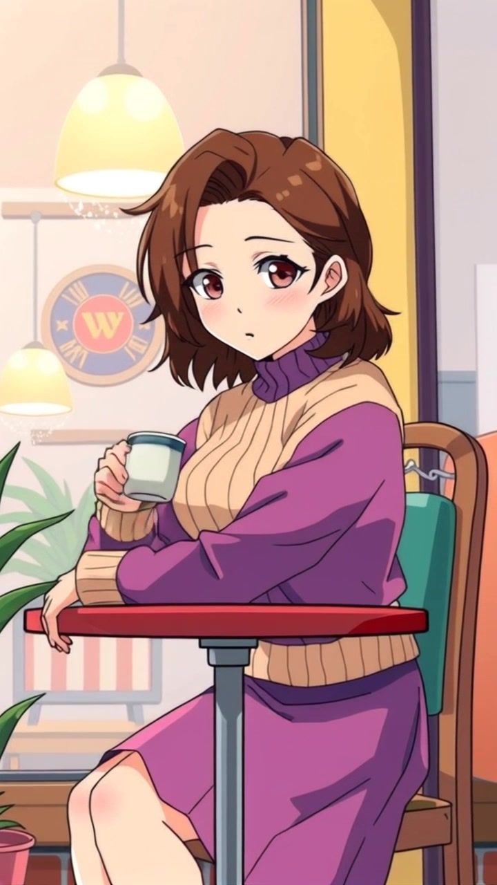 Scene: A cozy cafe with warm, inviting decor, filled with soft ambient light. Motion: The camera gently pushes in from a wider shot of the cafe, focusing on a person sitting alone at a small table, sipping a drink. The atmosphere is relaxed and intimate, with the sounds of faint chatter and clinking cups enhancing the serene vibe.