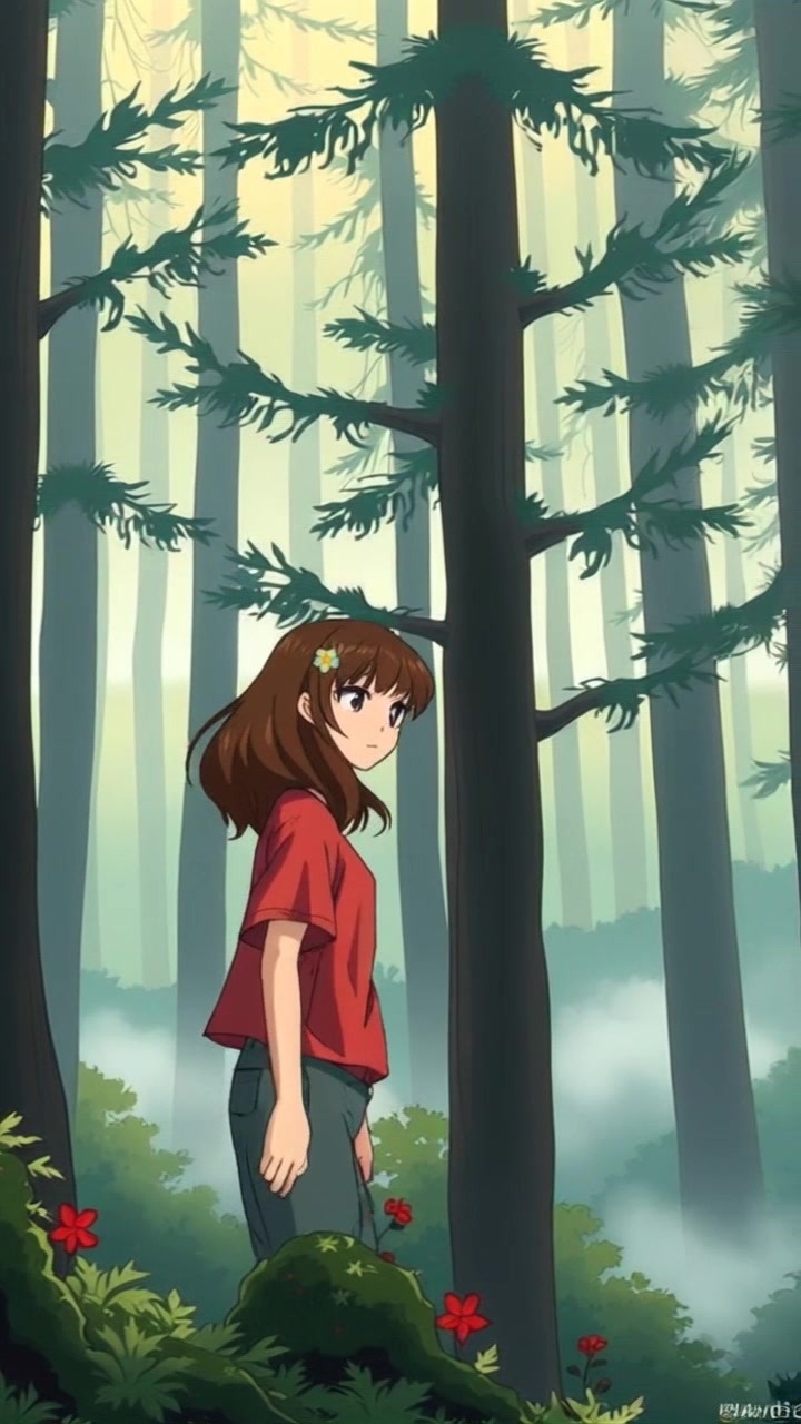 Subject: A figure carefully walking through a dense, misty forest. Subject movement: The figure takes deliberate steps, navigating between swaying trees that loom tall and mysterious. Scene: A lush, misty forest filled with towering trees, the air thick with fog. Style: Soft, diffused lighting enhances the ethereal quality of the scene, creating a serene yet slightly eerie atmosphere. Motion: The camera slowly tracks alongside the figure, capturing the intricate details of the branches and the mist that lingers, while maintaining a gentle, immersive feel.