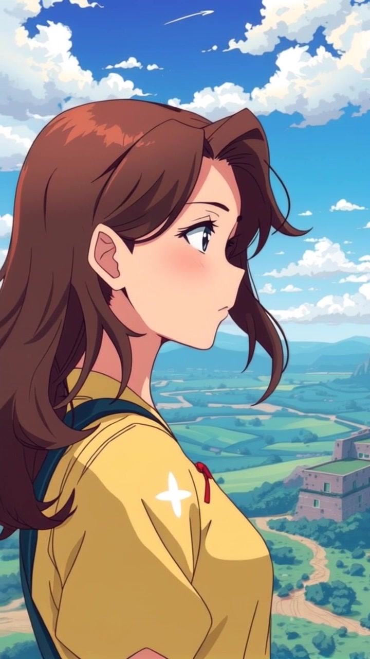 Subject: A woman named Amelia gazing thoughtfully over a vast landscape, reflecting on her journey. Subject movement: She stands still, lost in contemplation, a gentle breeze flowing through her hair. Scene: A sweeping view of mountains and valleys stretching into the horizon under a bright sky. Style: Warm, golden-hour lighting enhances the beauty of the scenery, creating an inviting atmosphere. Motion: The camera pushes in slowly towards Amelia, capturing her profile against the breathtaking backdrop, inviting a sense of intimacy with her reflections.