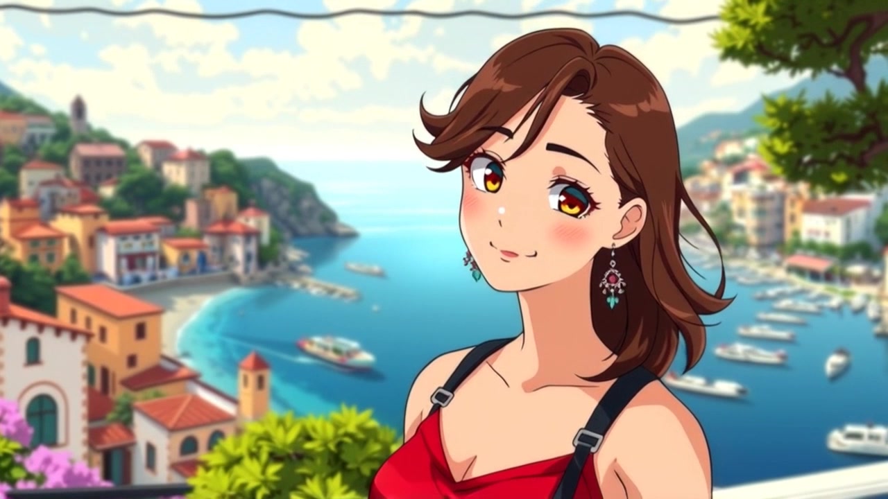 Subject: A woman smiling warmly at the camera, positioned against a picturesque Mediterranean coastline. Subject movement: She gently sways as the ocean breeze plays with her hair. Scene: Lush, vibrant coastline with cliffs and turquoise waters in the background, dotted with sailboats sailing in the distance. Style: Bright, midday lighting highlighting the natural beauty of the scene. Motion: Handheld camera slowly pushes in towards her, capturing the joyful expression as she interacts with the serene scenery.