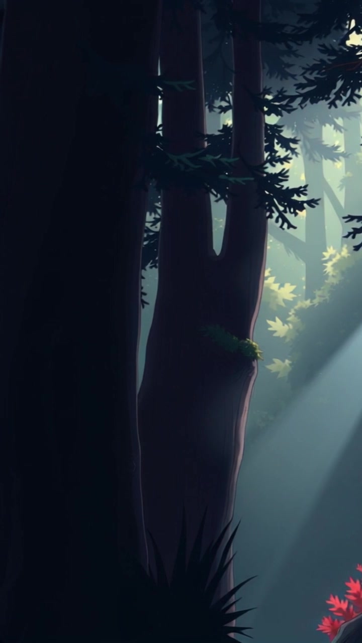 Scene: A deep and dark forest with towering trees casting shadows, and a faint light peeking through the leaves. Style: Dim, moody lighting creating an enchanting yet mysterious atmosphere. Motion: The camera smoothly glides through the forest, weaving between the trees and gently tracking the shafts of light filtering down through the canopy.