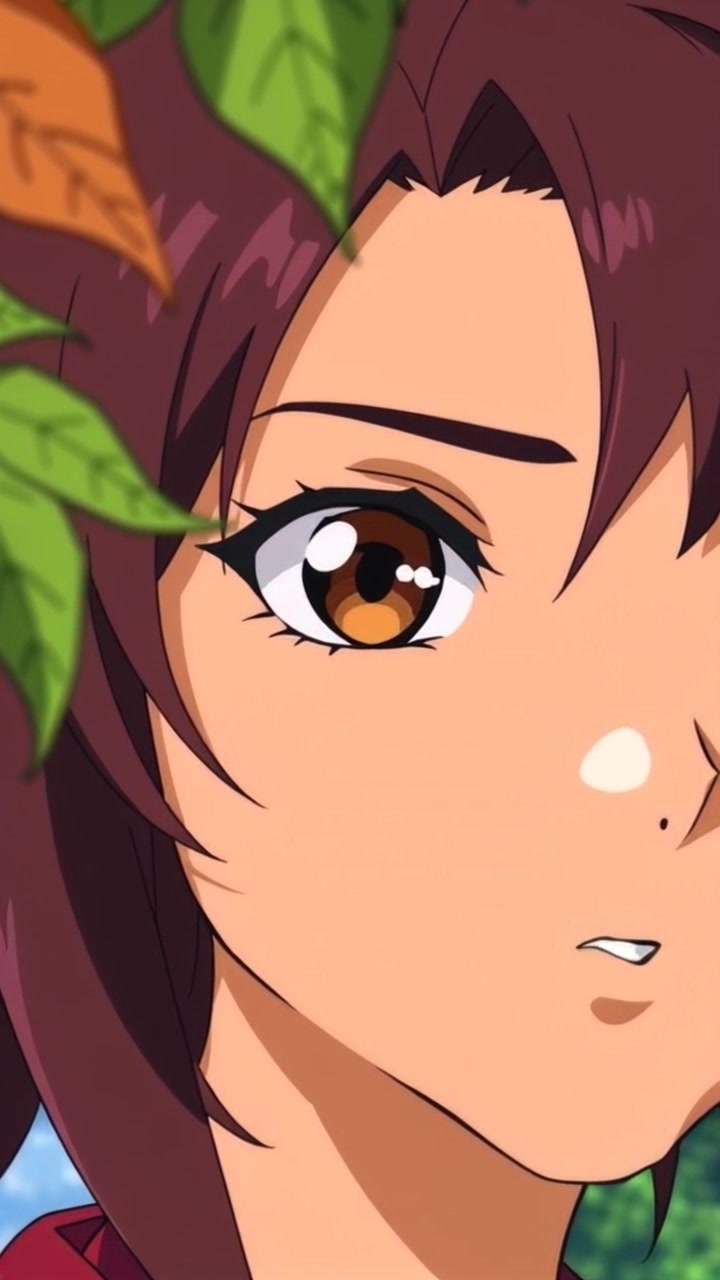 Subject: A girl's determined face, captured in a close-up. Scene: Sunlight filtering through lush green leaves, creating dappled patterns across her features. Lighting: Soft, warm ambient light enhances the determination in her expression. Motion: The camera slowly pushes in to frame her face, capturing the nuances of her expression as the light dances across her skin.
