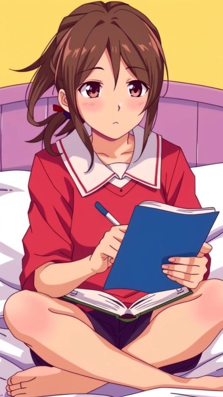 Subject: A person, sitting cross-legged on a bed, writing in a journal with a focused expression. Scene: Cozy bedroom adorned with soft pillows and warm colors, creating an inviting atmosphere. Lighting: Soft, ambient light from a bedside lamp fills the space, casting gentle shadows. Motion: The camera slowly pushes in, capturing the intimate moment as the person's hand glides across the page, with the journal open and in clear view.