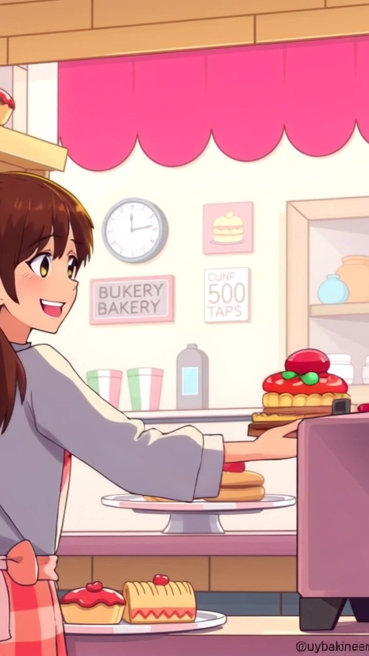 Subject: A cheerful baker serving pastries. Subject movement: Lydia smiles warmly as she hands a delicious pastry to the happy customer. Scene: A cozy bakery filled with an array of colorful pastries, warm wooden decor, and sunlight streaming through the windows. Style: Soft, inviting morning light creating a welcoming atmosphere. Motion: The camera gently zooms in on the interaction between Lydia and the customer, capturing their joyous expressions and the delectable pastries.